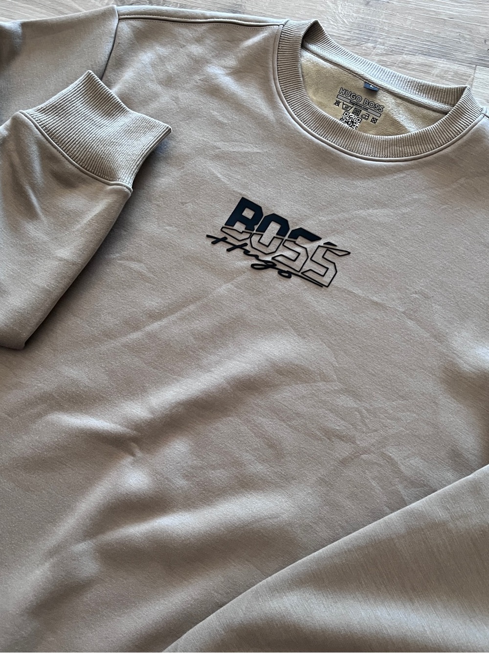 Hugo Boss Sweatshirt Sz L Beige Velour Lining BOSS Logos Crewneck Heavy Unique